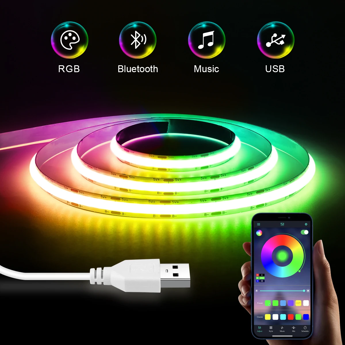 

Bluetooth 5V RGB LED Strip Light Controller USB Flexible Diode Lamp Tape 576LEDs/M Linear Dimmable Ribbon TV Background Lighting