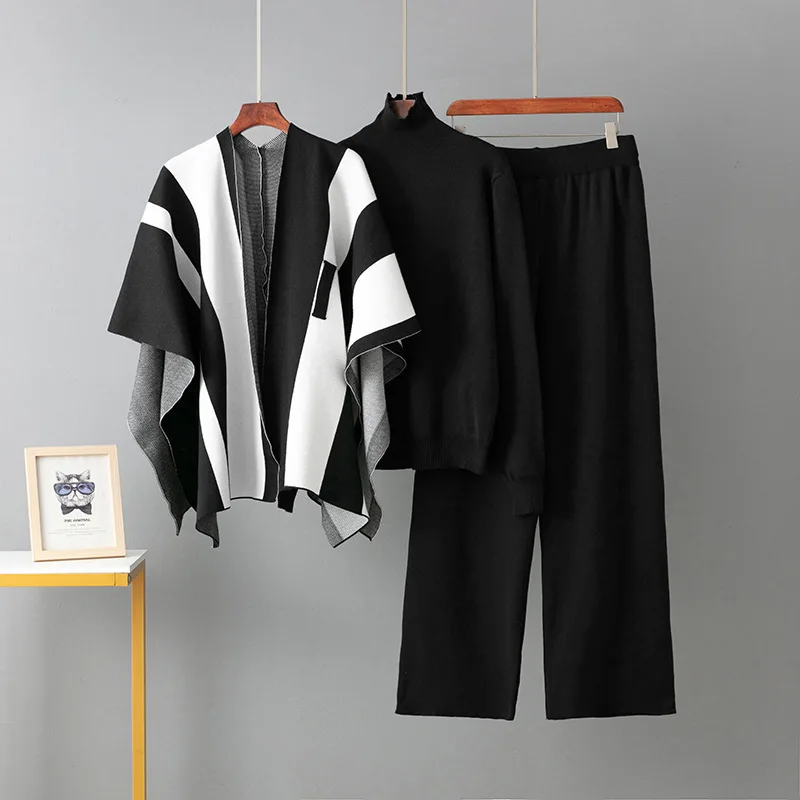 ALPHALMODA, 2025, moda francese, abito lavorato a maglia a righe, scialle + maglione a collo alto + pantaloni a gamba larga, abito elegante da donna 3 pezzi
