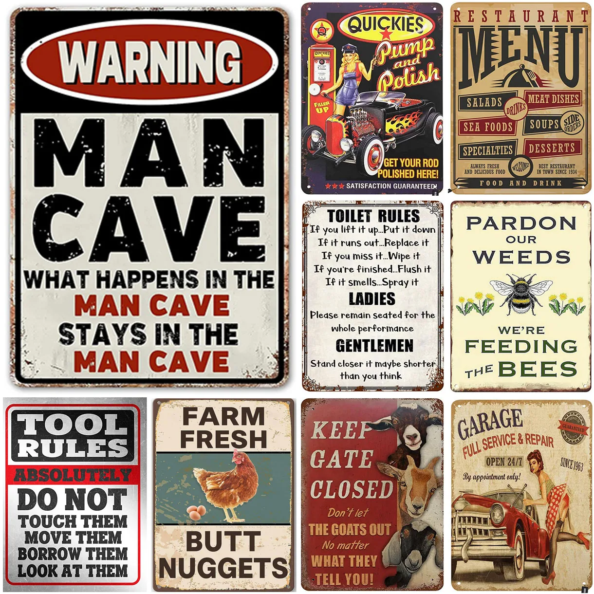 Vintage Man Cave Metal Tin Signs Tool Rules Wall Posters Farm Fresh Decoration for Garage Garden Home Cafe Living Room Club Bar