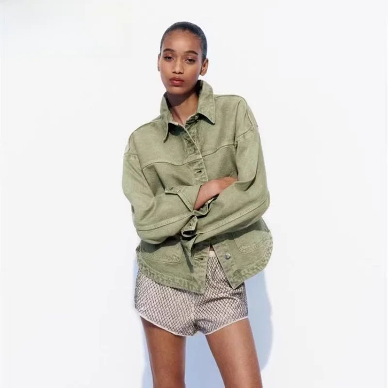 

2024 New Women's Loose ket American Workwear Sle een Denim Jaet Outerwear Stand Collar Regular Length Casual Fit