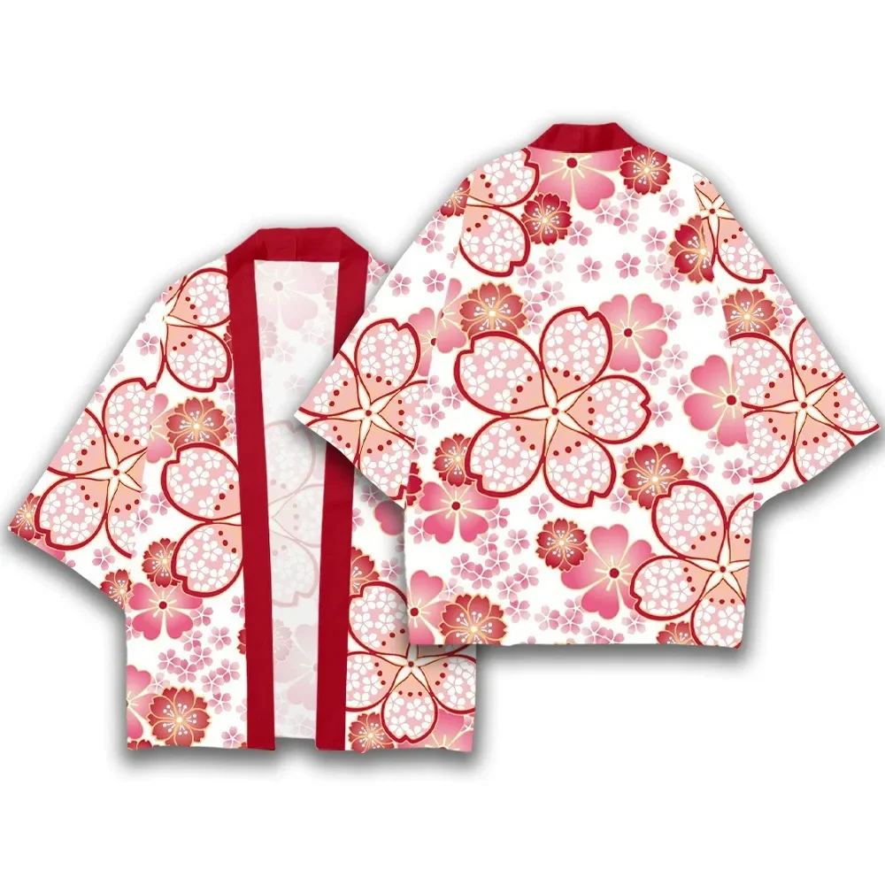 Fashion New Soft Pink Sakura Cherry Blossom Print Haori Kimono Cardigan Unisex Loose Yukata Sweet Japanese Style Cover Coat
