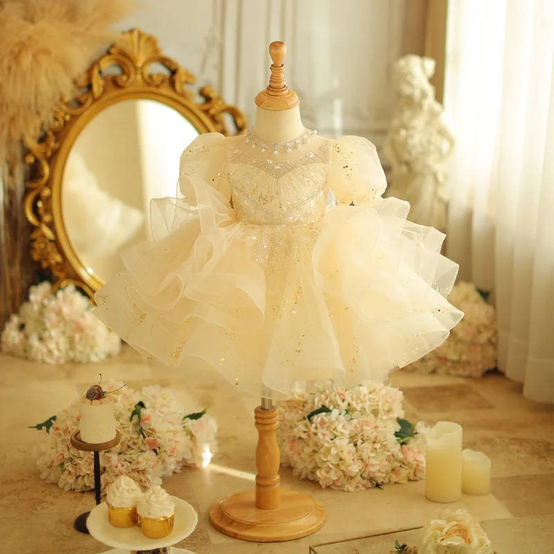 Girls Princess Children Wedding Gown flower girls Champagne Sequin pearls Beading Kids Dresses baby  Birthday Party Dress ﻿