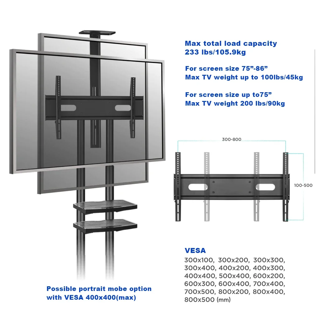 Supporto TV da pavimento con due strati di regolazione del gancio del secondo ingranaggio 32-70 "per smart TV da 45kg