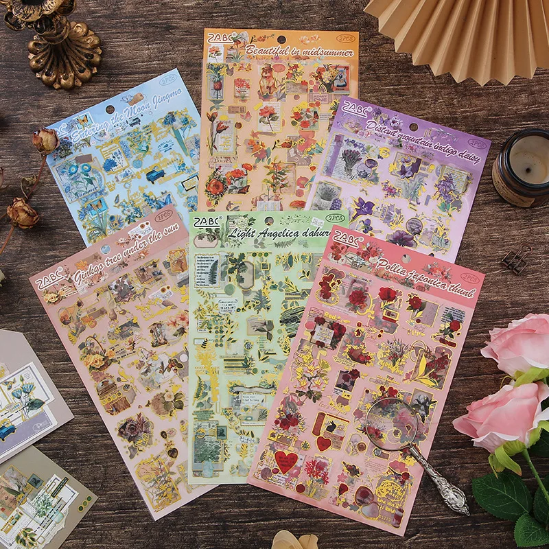 

2 Sheets/pack Fleeting Pictorial Clear PET Retro Bronzing Die-cut Stickers Stationery DIY Creative Collage Scrapbooking Material