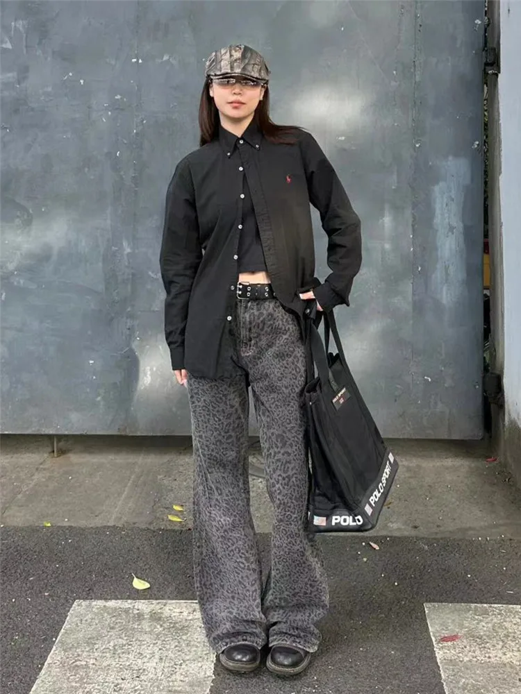 American Retro Leopard Print High Waist Slim Design Long Wide Leg Floor Length Jeans for Taller Women Autumn Season