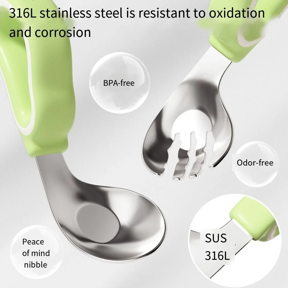

2Pcs Silicone Handle Baby Fork and Spoon Set 316 Stainless Steel with Storage Box Baby Cutlery Anti-Choke Design Self Feeding