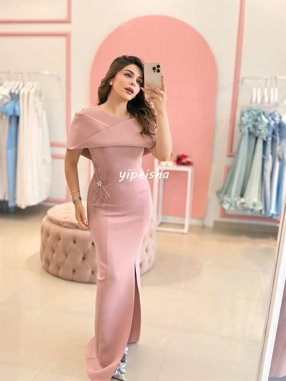 カスタムメイドの高品質ファッションジャージーラインストーンプリーツコラムオフショルダーロングドレス、オーダーメイドのオケージョンドレス、クラシック