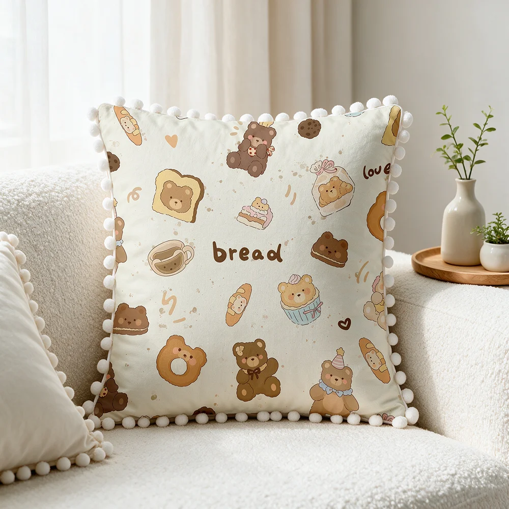 1PC Cute Bear Bread Print Pillow Cover Pom Pom Tassel Beige Kawaii Cartoon Decorative Throw Pillow Sofa Couch Bedroom Home Decor
