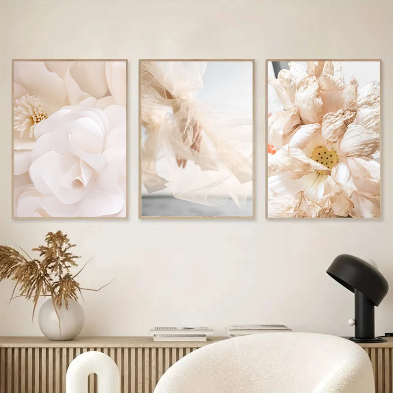 3PCS Beige Floral Tulle Canvas Wall Art Prints Set, Neutral Boho Flower and Sheer Fabric Artwork Posters, No Frame Aesthetic