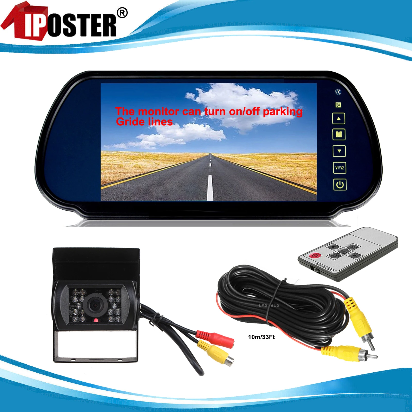 

iPoster 7" LCD Color TFT Rear View Monitor 800*480 Vehicle IR LED Back up Reverse Camera + RCA Connector for Bus Truck RV