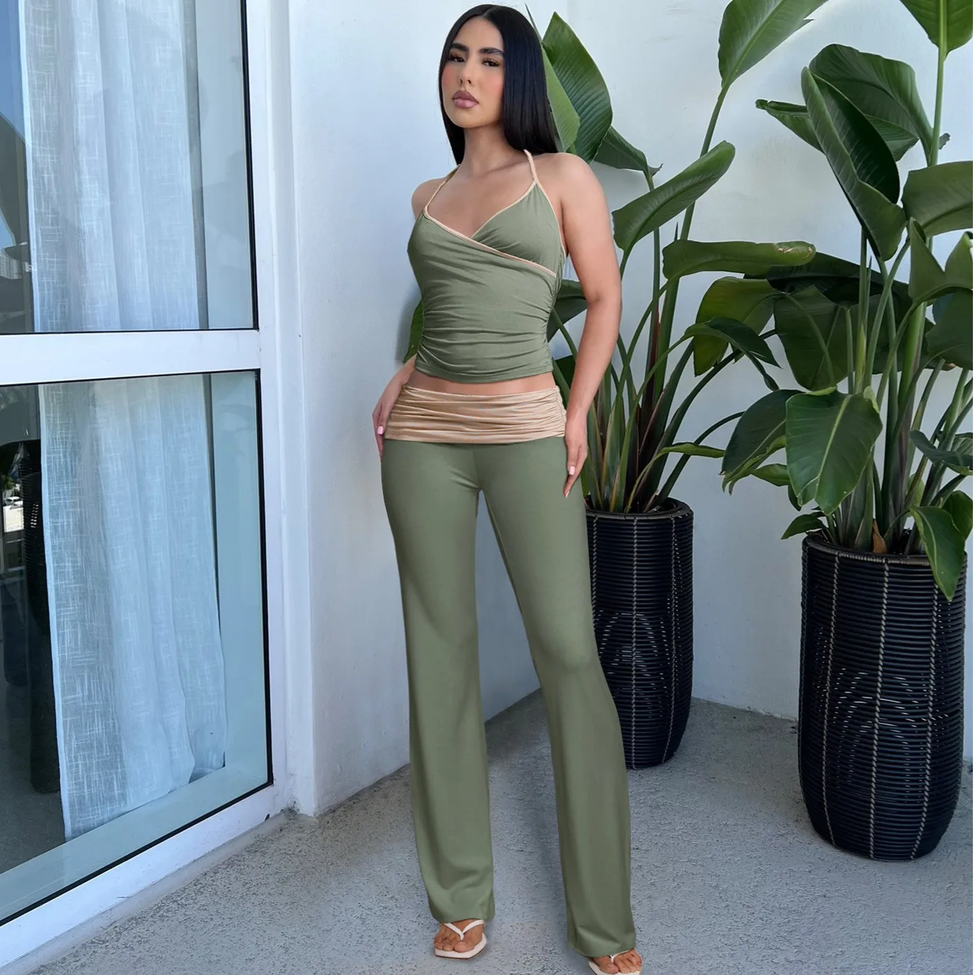 2 Pieces Women\'s Sets 2024 Summer Spring Green Sleeveless Pullover Suit Tops And Pants Suits Two Piece Set Tracksuit Outfit