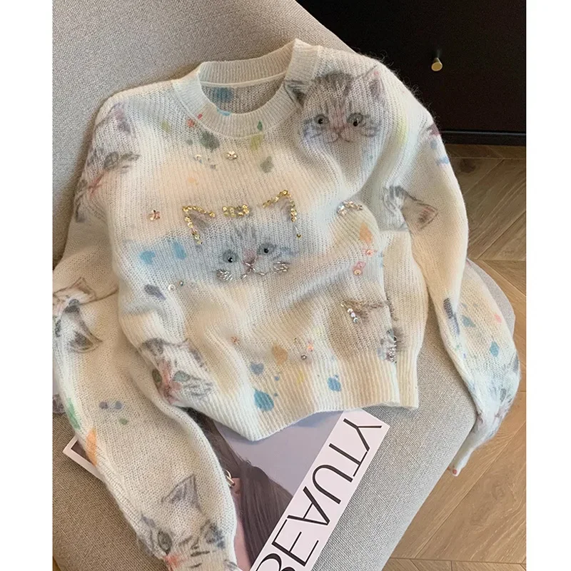 

【2025 New】Sweet Bead-Printed Knitted Sweater Women, Soft Waxy Winter Top