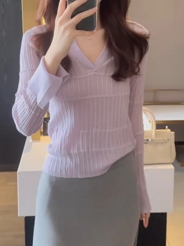 

Корейская фиолетовая блузка с длинным рукавом и отложным воротником, стройнящая, омолаживающая, осенняя новинка, большие размеры, универсальная, модная.