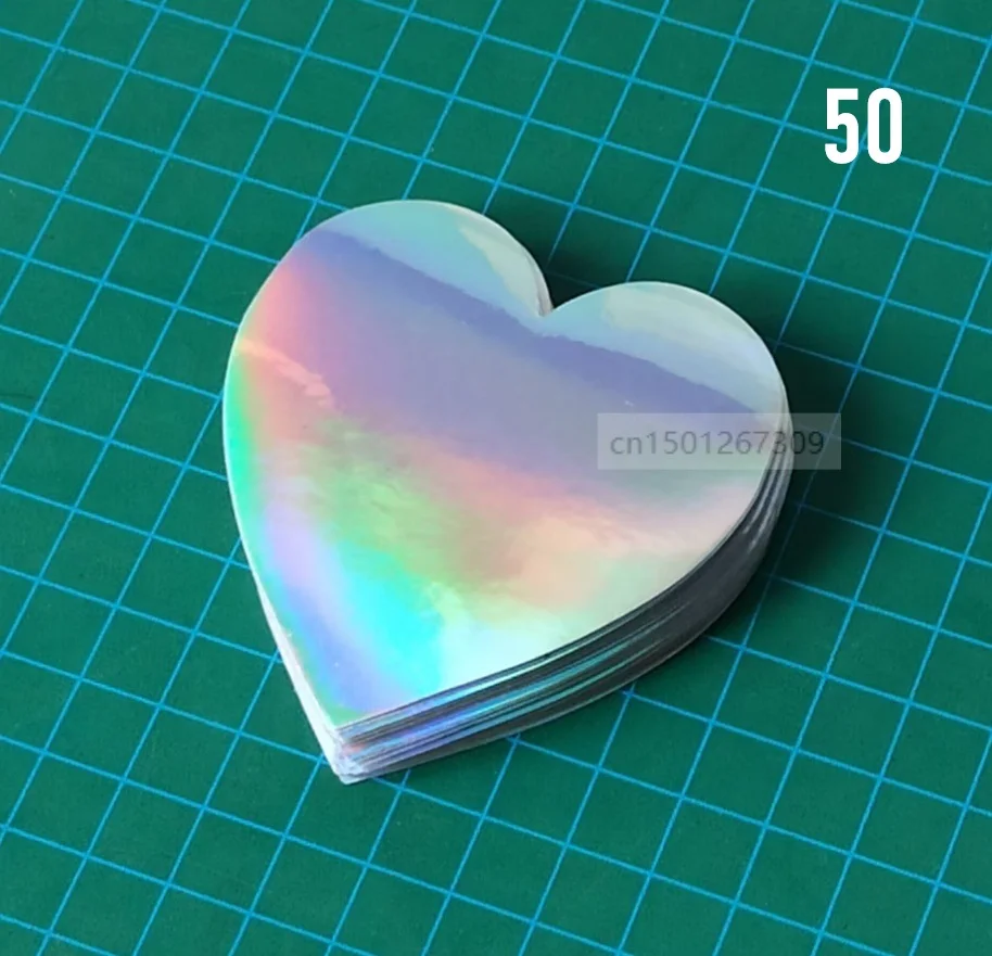 

50Pcs Bigger Size 7 x 6.5cm Self Adhesive Rainbow Holographic Heart Stickers For Scrapbooking Wedding Cards