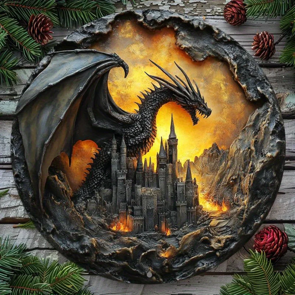 

DragonVintageCharm™ 2D Flat Print Wall Decor | Round Aluminum, Dragon Themed | Metal Sign for Parties & Holiday Gifts