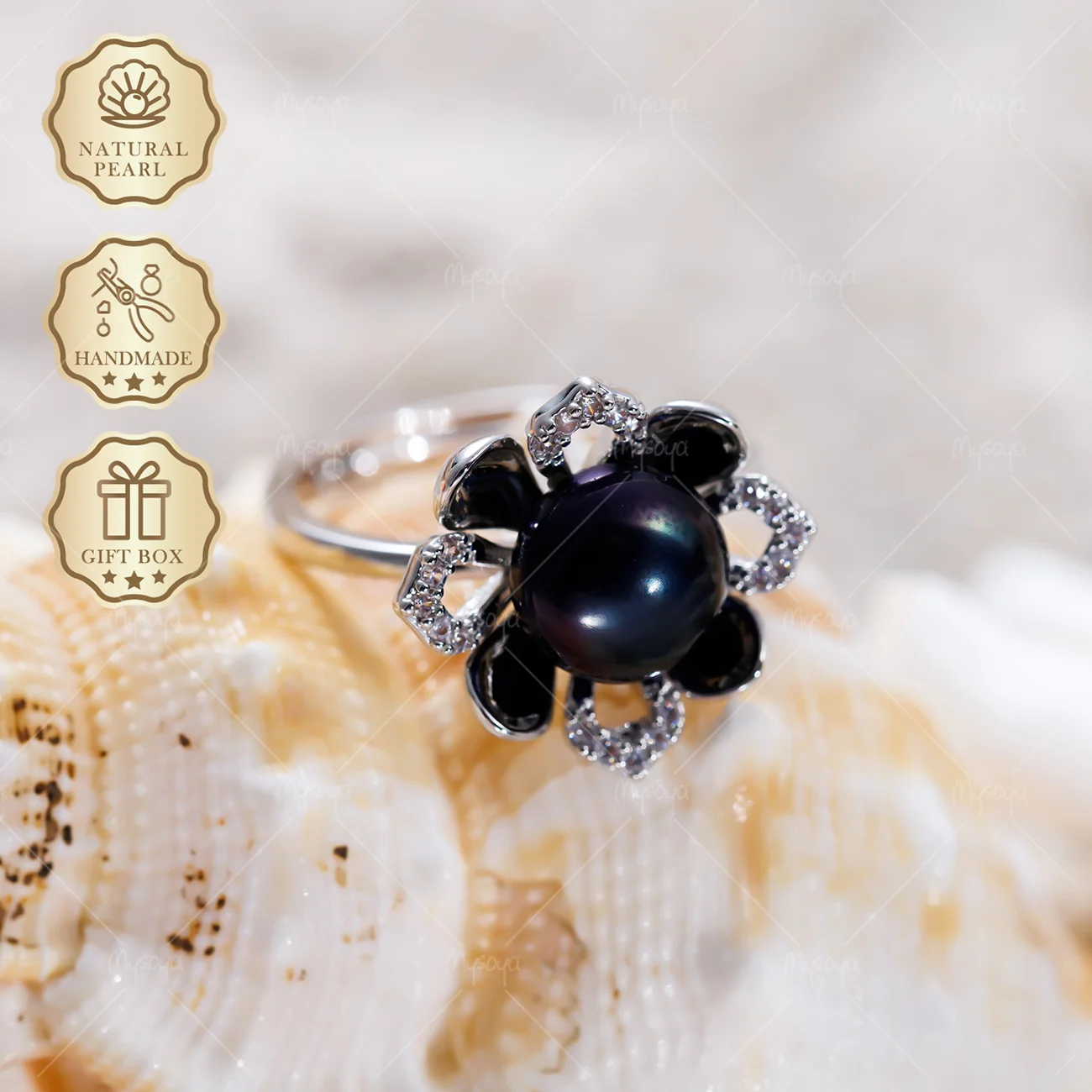 

MYSOYA 8-9mm Black Freshwater Pearl Open Ring Silver Flower CZ Ring, Gift Box, Birthday & Mother's Day S483