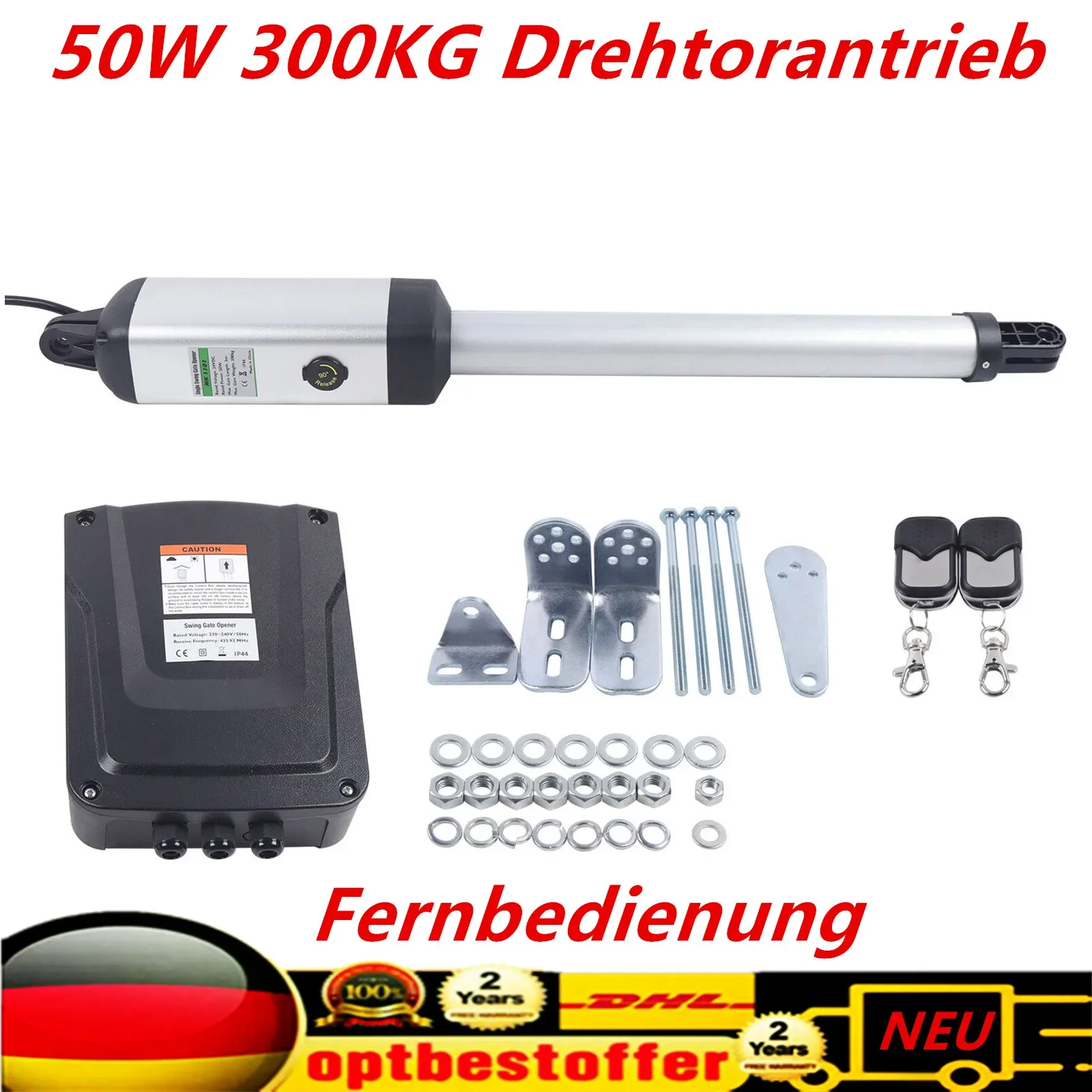 Drehtorantrieb Torantrieb, Elektrisch Flügeltor Antrieb mit 2 Fernbedienungen Automatischer Toröffner 300KG 50W