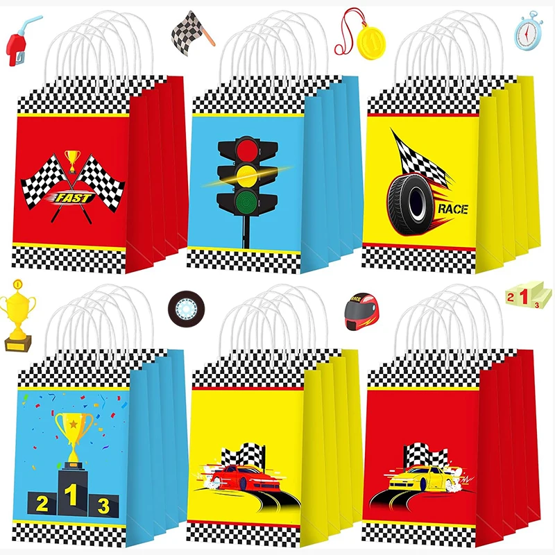 6/12/24 Pcs Race Car Themed Paper Bags with Handle Checkered Racing Flag Goodie Bags Kids Birthday Party Decor Favors Gift Bags