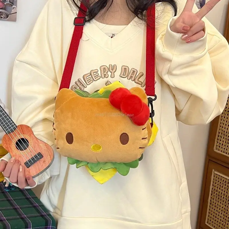 Miniso Japanese Kawaii Hello Kitty Hamburger Crossbody Bag Women Cute Cartoon Soft Plush Handbag Girl Kids Cartoon Messenger Bag