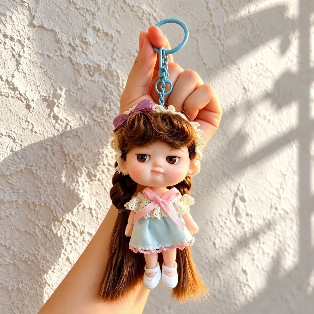 10CM Curly-Haired Doll Keychain Movable Joints Wearable Outfit Mini Doll Pendant Versatile Long Hair Bag Charm Doll