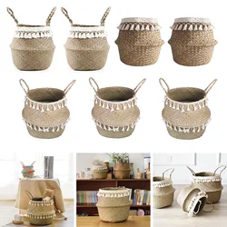 Seagrass Macrame Basket Seaweed Folding Flowerpot With Tassels Woven Belly Storage Container For Laundry Plant Home Organizer