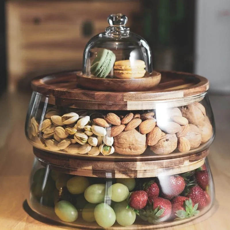 Creative Glass Food Storage Container with Wooden Lid Kitchen Snack Fruit Sealed Jar