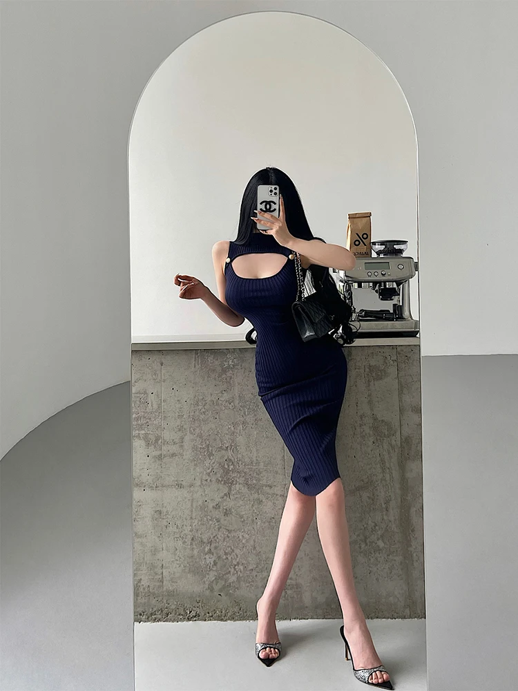 

Сексуальное трикотажное платье средней длины с открытыми рукавами и высоким воротником, облегающее платье для молодой девушки на день, Pure Desire, женское летнее платье