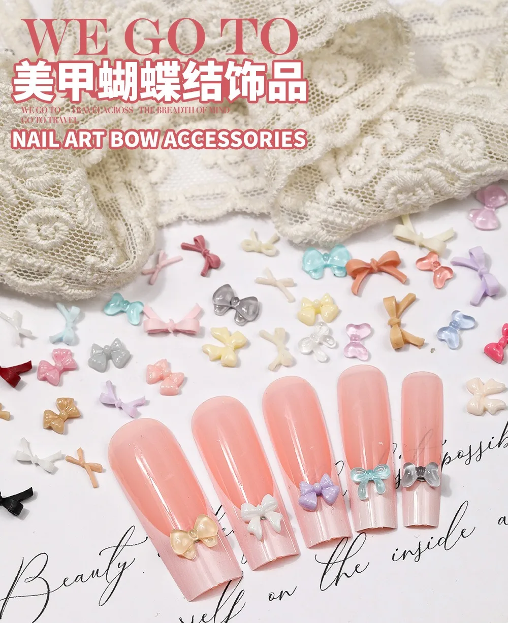100Pcs Solid Color Bowknots Resin Nail Art Decorations 3D Mi