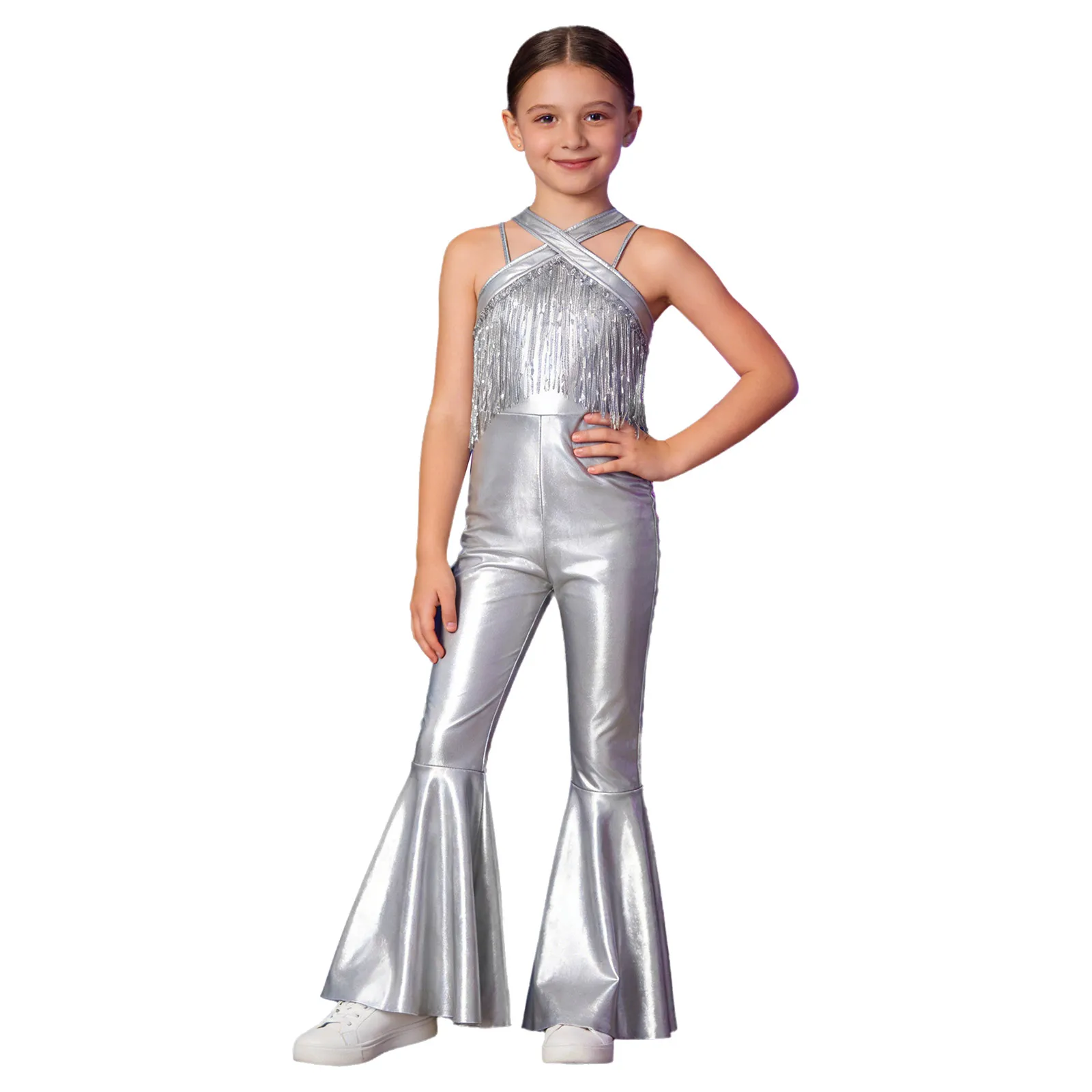 Kids Girls Metallic Shiny Sequins Tassels Bell-bottom Jumpsuit Disco Jazz Dance Bodysuit for Halloween Theme Party Carnival