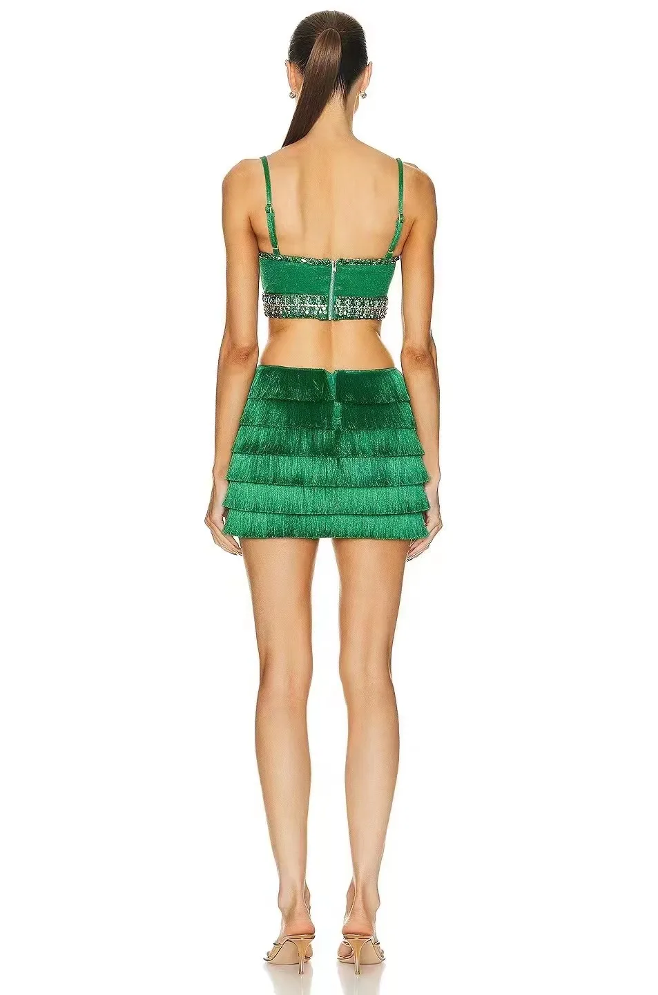 Women\'s Sexy Hollow Metal Loop Splicing Sling Mini Bandage Dress, Spring Rhinestone Gown, Cascading Design, New Fashion Clothing