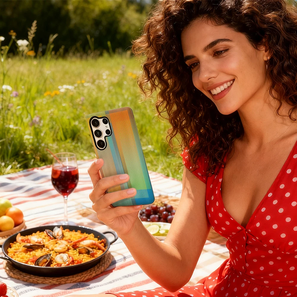 حافظة هاتف بخطوط متدرجة ملونة هندسية لهاتف سامسونج جالاكسي S25 Ultra S24 S23 Ultra Plus غطاء خلفي لامع بطبقة مزدوجة