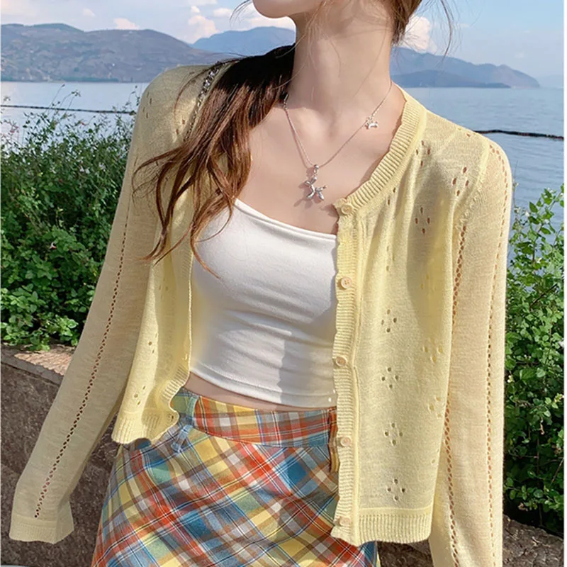 

Grey Knitted Cardigan Thin Tops Women Summer Hollow Out Long Sleeve Button Sun Protected Korean Style Short Knitwear Tops Female