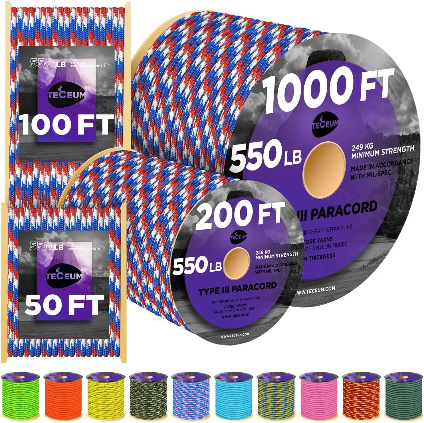 

[ TECEUM Paracord 550 lb Ideal for Crafting, DIY, Camping, Military & Active Outdoors – Tactical Parachute Cord Strong Survi