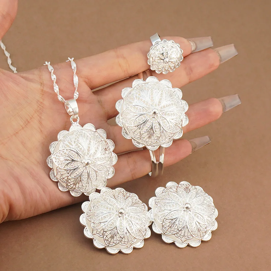 9999 Gold Jewelry Set - Pendant Necklace Earrings Ring Bracelet Women's Wedding Party Gift Set