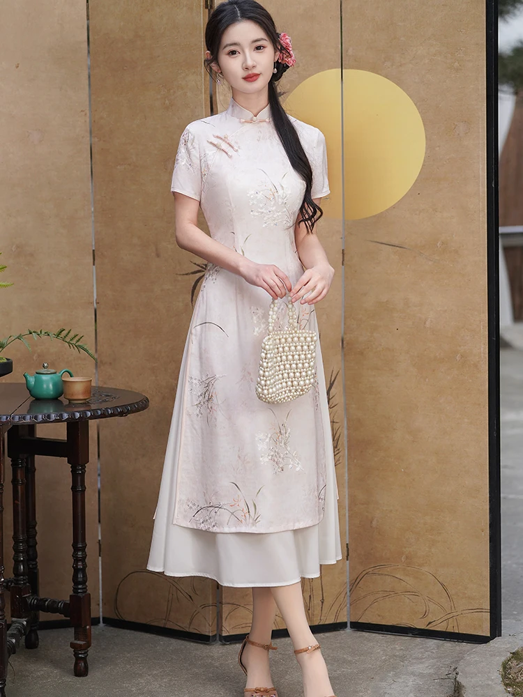 

Элегантное длинное розовое платье-ципао в молодежном стиле, свадебное платье, стройнящее, больших размеров, из дышащего полиэфирного волокна, с коротким рукавом, с цветочным узором