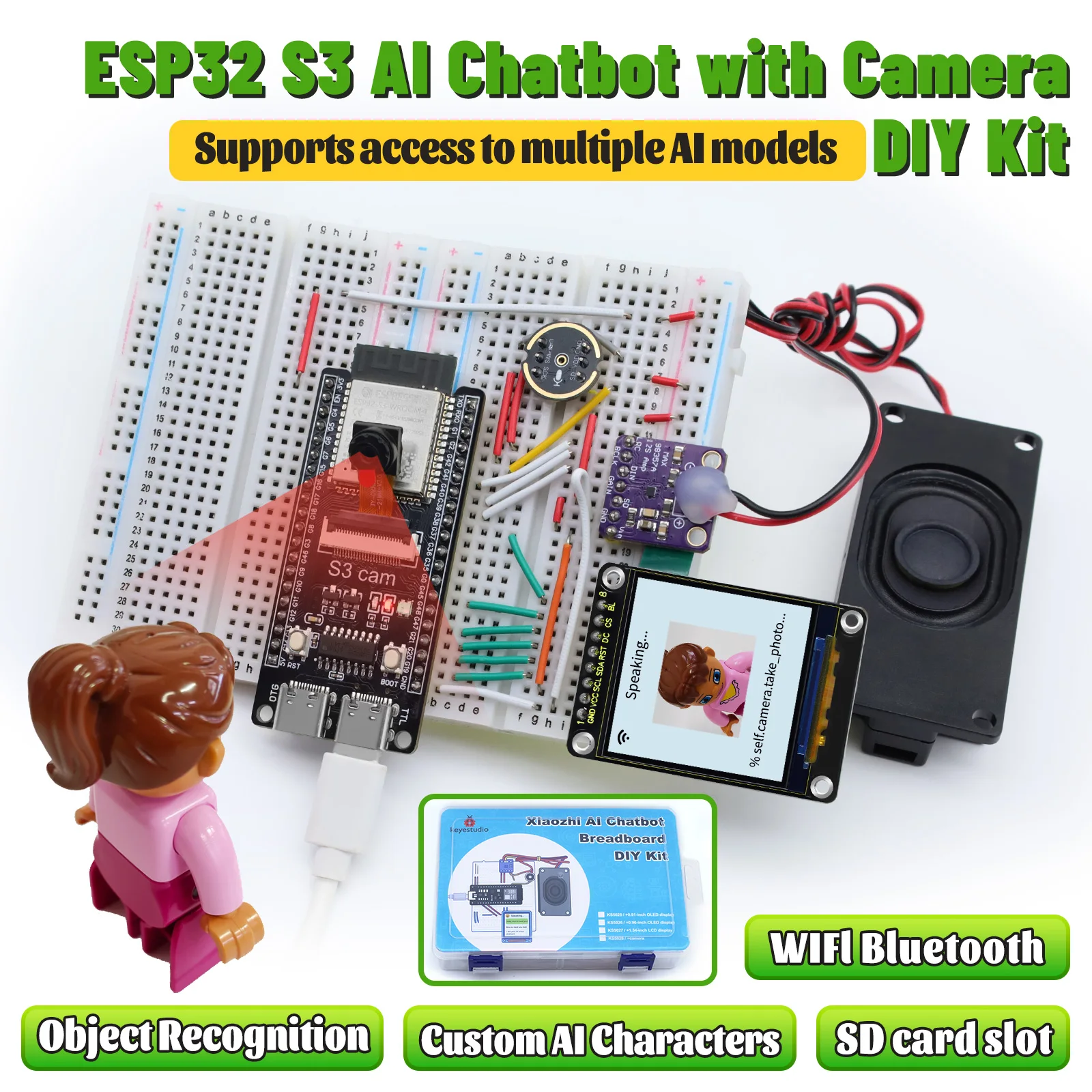 

Keyestudio 1.54 inch Xiao Zhi AI Chatbot Breadboard DIY Kit For ESP32 S3 With Camera DIY Emotional Communication Learning Kit