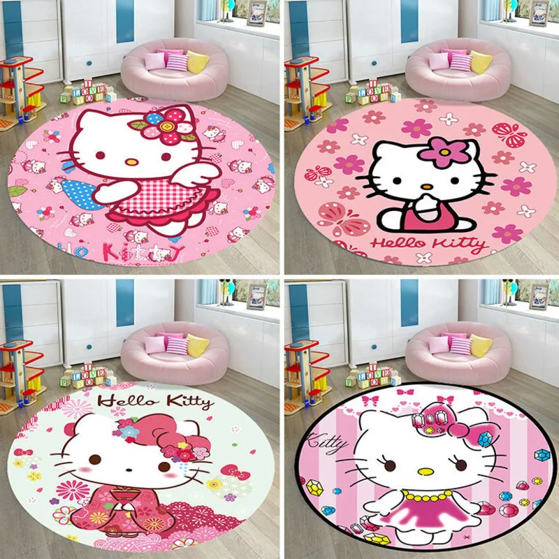 80x80cm Hello Kitty Cute Cartoon Circular Carpet Living Room Tea Table Sofa Bedside Carpet Children's Room Non Slip Floor Mat