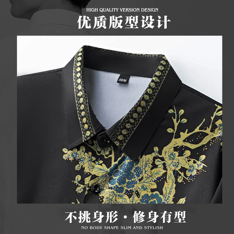 Luxury Rhinestone Long Sleeved Shirt for Men Non Ironing Casual Business Dress Shirt High End Social Banquet Star Stage Shirts