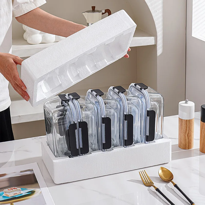 Rectangle Glass Food Container 10 Piece Set Borosilicate Heat Resistant Lunch Fresh Keeping Box Kit Kitchen Organizer