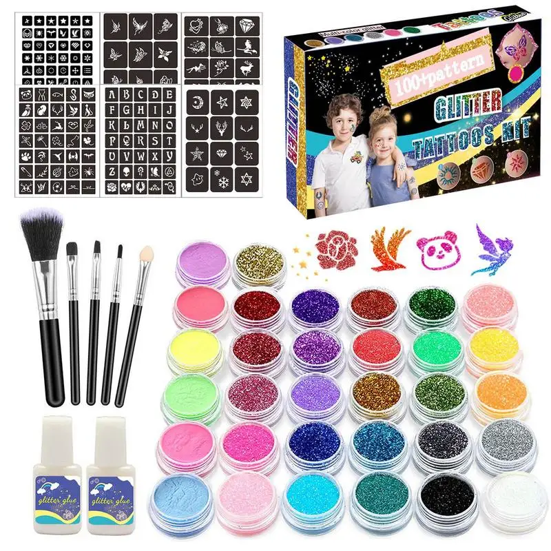 32 colori Diamond Glitter Art Set di tatuaggi luminosi pennello per trucco Set di tatuaggi temporanei polvere glitterata Kit di adesivi temporanei regali