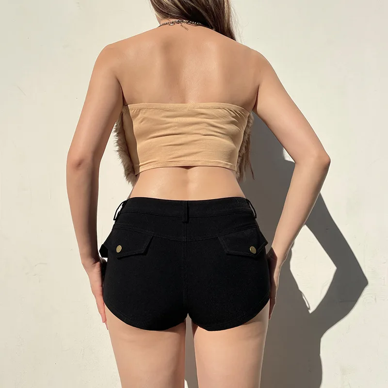Goth Dark Punk Style Metal Buckle Ultrashort Pants Low Waist Skinny Shorts Streetwear Women Hot Shorts
