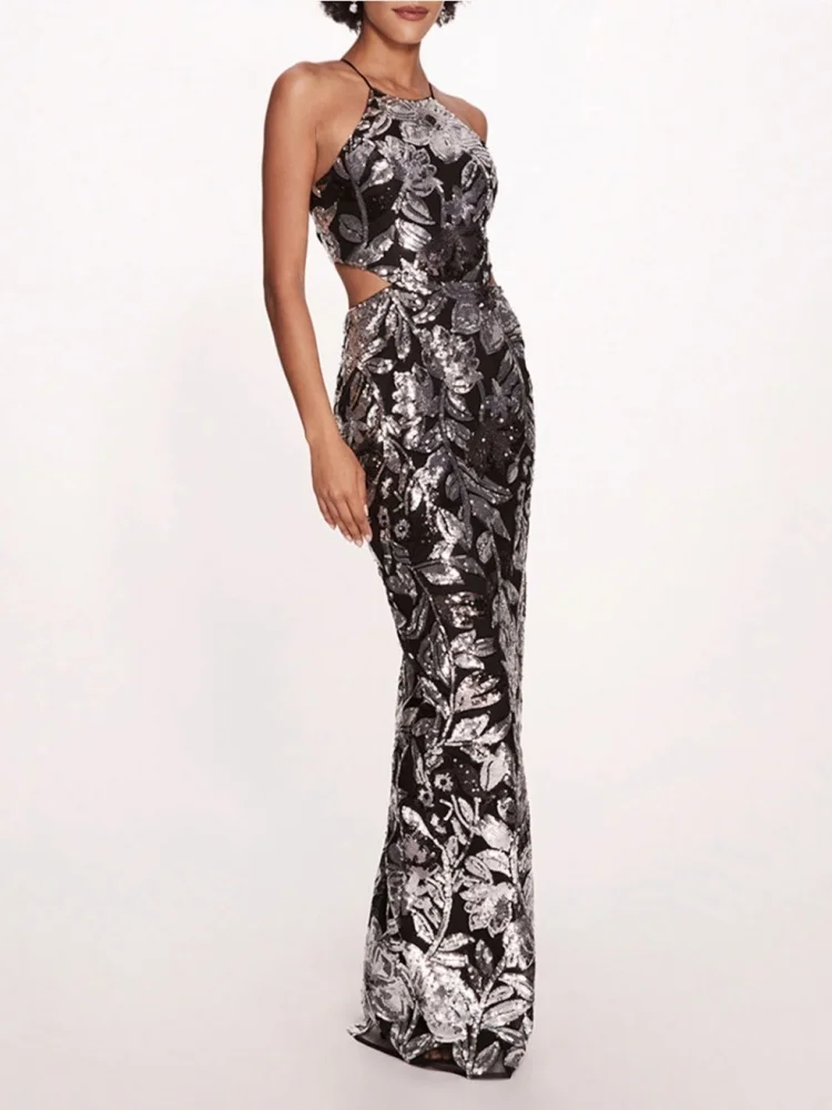 Elegancka czarno-srebrna sukienka letnia z cekinami, kwiatowym wzorem, wycięciami po bokach, ażurowa, długa sukienka na formalne okazje, Vestidos