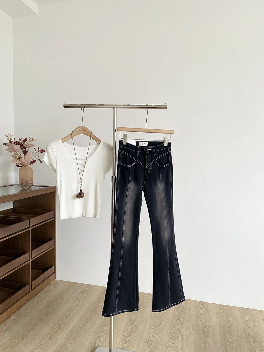 

Slimming High Waist Bell Bottom Jeans Women's Fashion Washed Denim Pants Autumn Commute Style Micro Flared Long Trousers