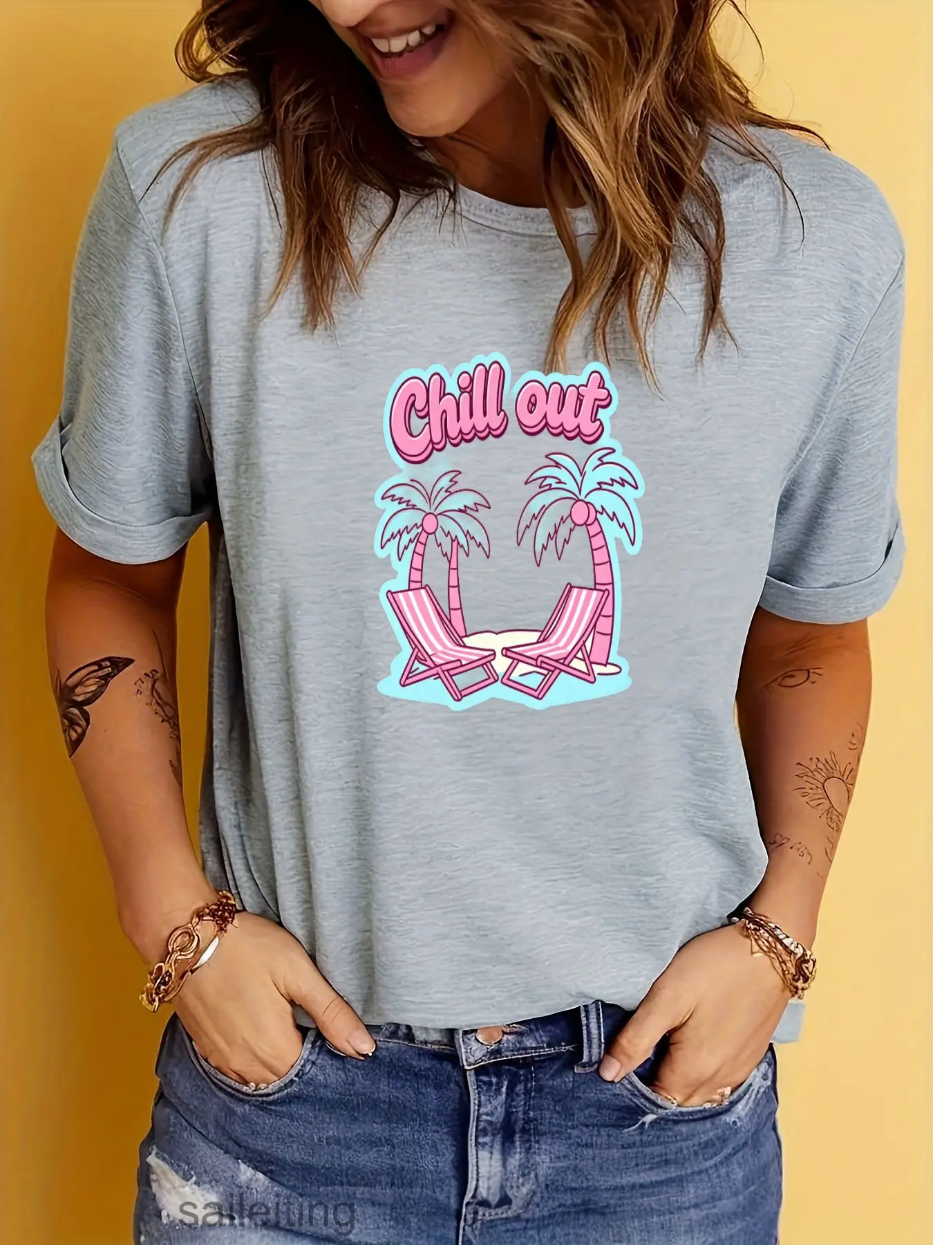Chill Out Palm Trees Retro Summer T-Shirt for Women Men, Soft Casual Graphic Tee with Beach Lounge Chairs Design, Pastel Pink