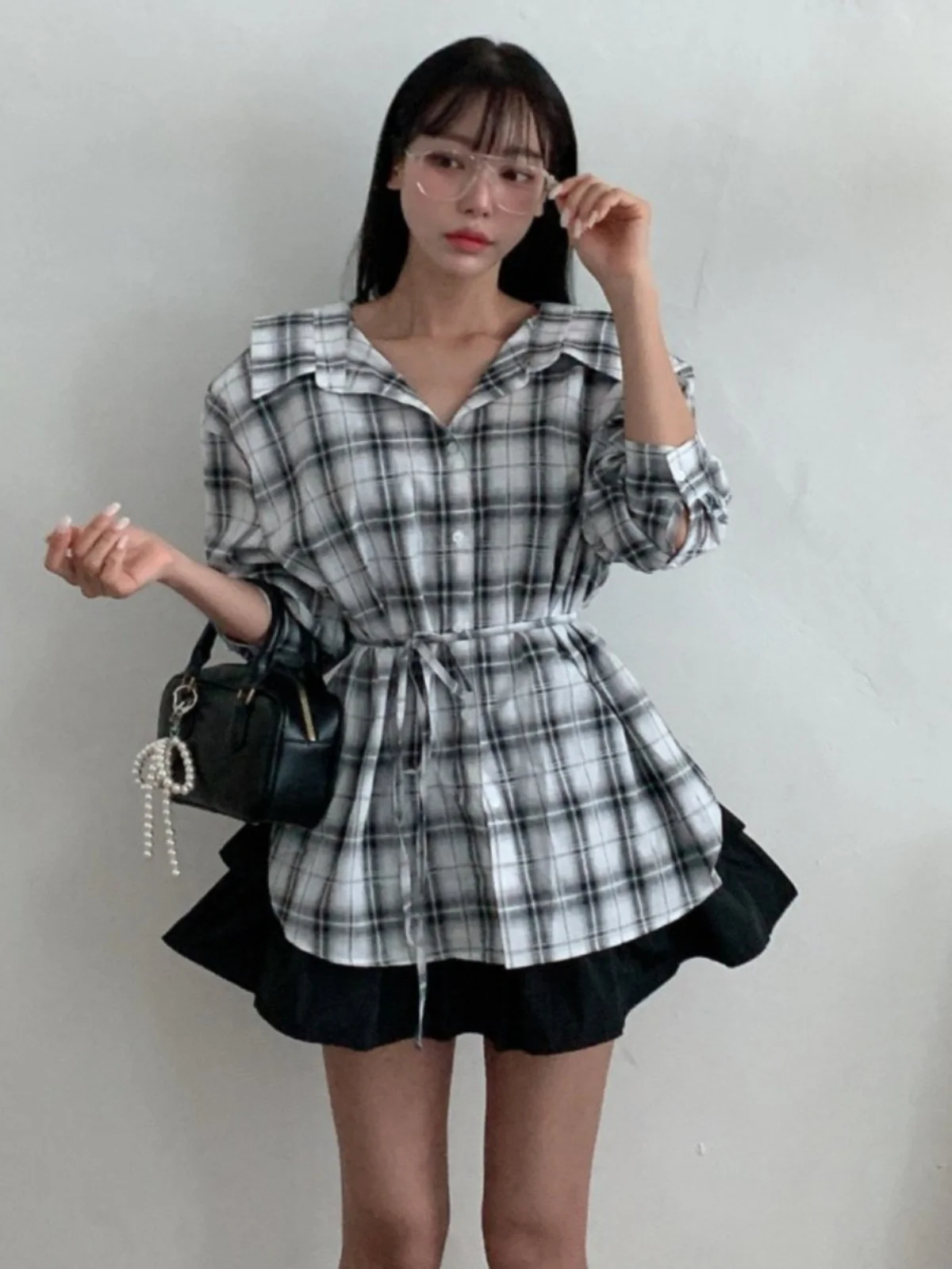 

Women's Plaid irt Spring Vintage Turn-down Collar Loose Lazy Sle Belted Waist Slim round Hemline Top Cotton Long Sve
