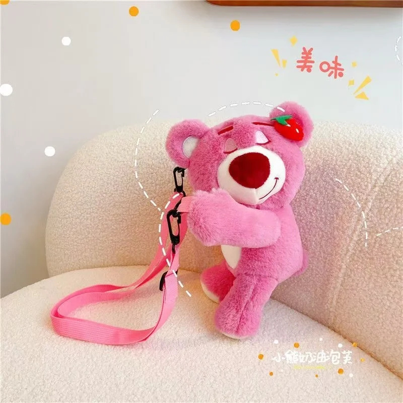 Lindo bolso de peluche de oso de fresa de dibujos animados, bolso de hombro con forma de corazón para niña, bolso cruzado, mochila de muñeco de osito de peluche, bolso para niños