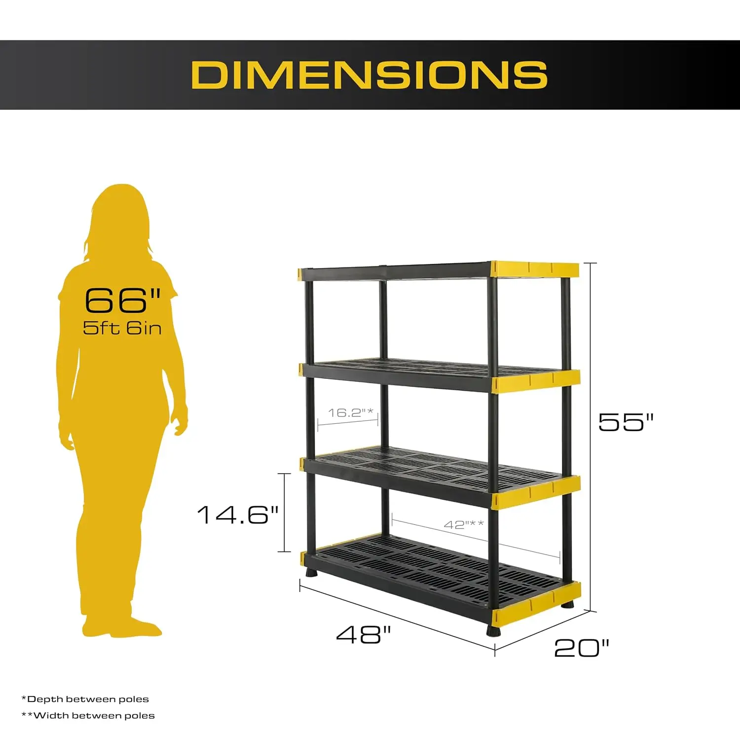 4-Tier Heavy Duty Plastic Storage Shelves Garage Freestanding Rack 200lbs Capacity 55H x 48W x 20D Black Yellow, Customized