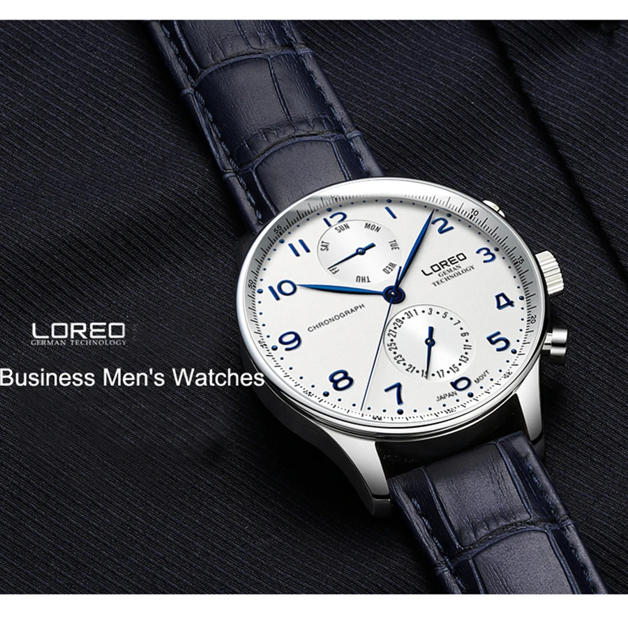 LOREO Pilot Blue Dial Business Men Classic Design Leather Watchband Waterproof Quartz Watch Watches Montre Homme Dropshipping