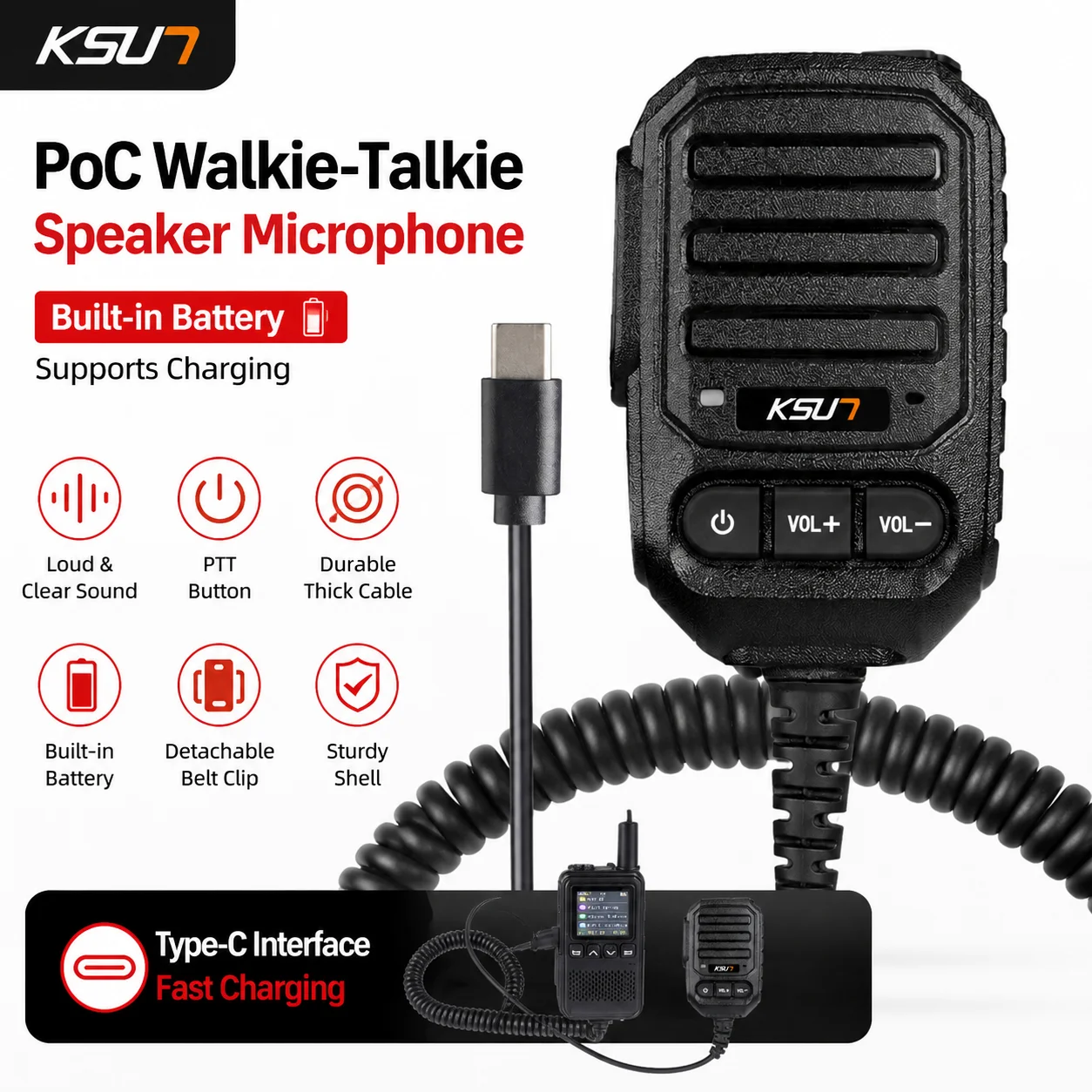PoC Walkie Talkie Hand Shoulder Speaker Mic Type C Interface Handheld Microphone with Charging Support Loud Clear Audio