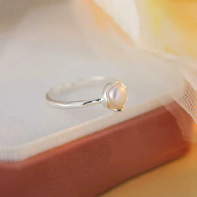 Classic Temperament 925 Sterling Silver Adjustable Flower Bud Pearl Ring for Woman Girl Korean Fashion Jewelry Accessories Gifts